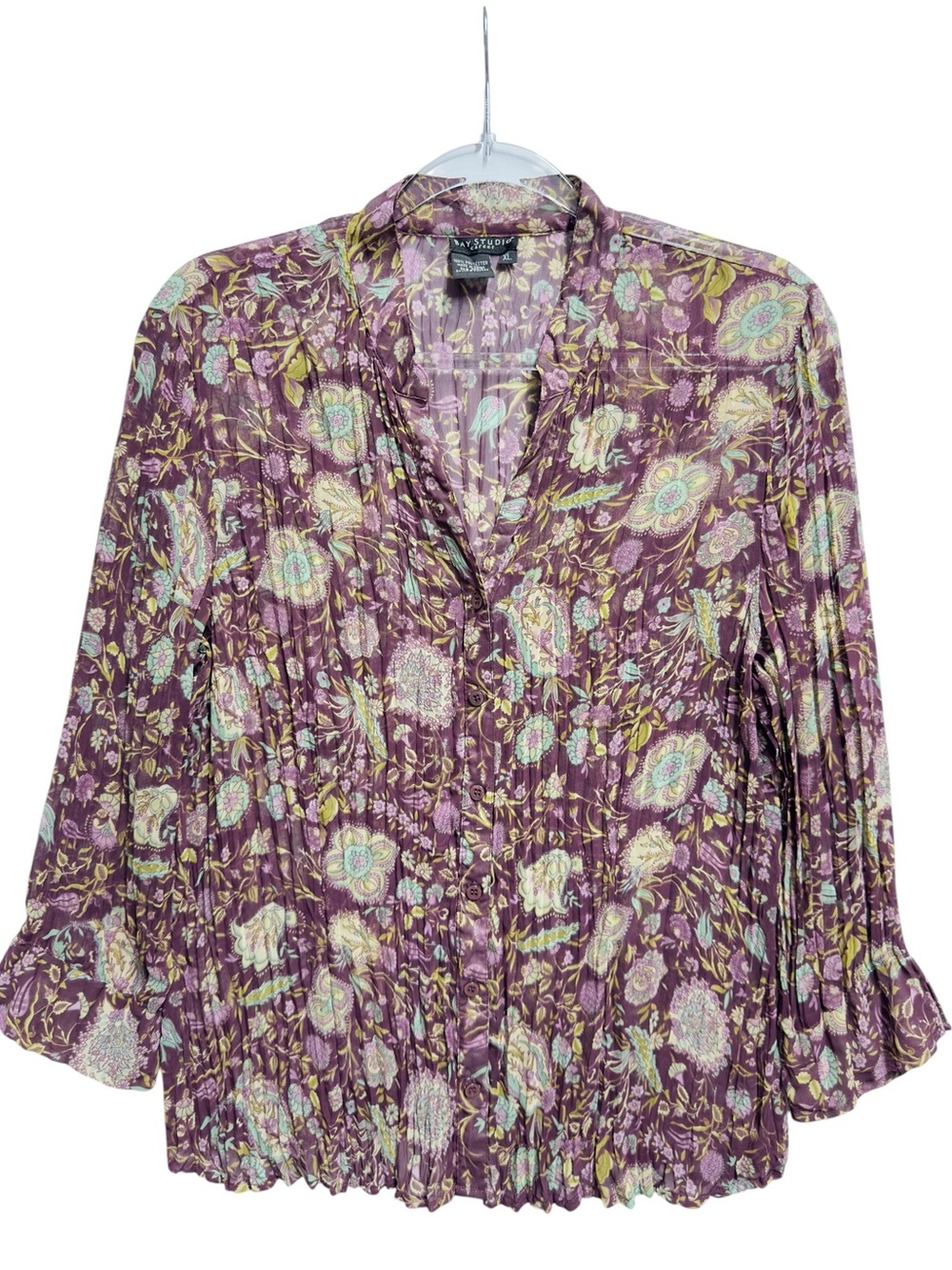 Silky Chiffon Knit Floral Garden Paisley Vines Crinkle Pleated Shirt Blouse